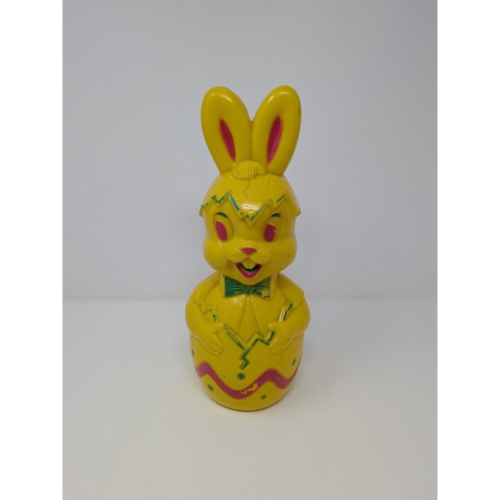 Vintage 11 Inch Softer Plastic Yellow Pink  Easter Bunny Money Bank MCM Kitschy